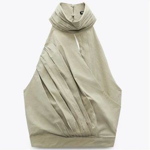 NWT. Zara Pleated Cotton Top with Halter Collar. Size S.